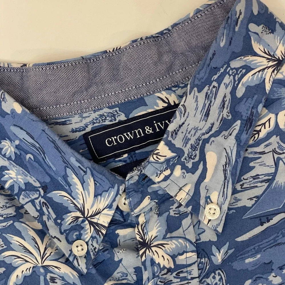 Crown & Ivy Men's Blue Button Down Hawaiian Classic‎ Fit Shirt Size Large